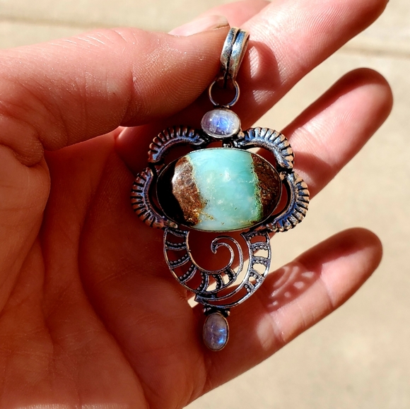 New Chrysoprase & Rainbow Moonstone 925 Silver Pendant - Picture 8 of 16